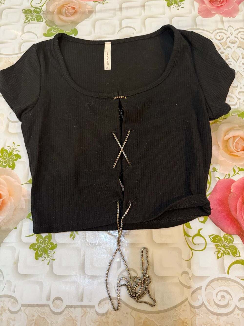 Chocolate Black Ribbed Crop Top with Front Lace-Up Detail